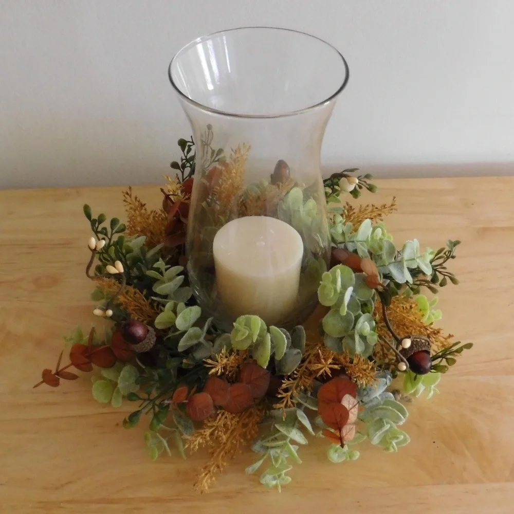 Fall Candle Ring Wreath, Mini Thanksgiving Cabinet Decor, Eucalyptus, acorns